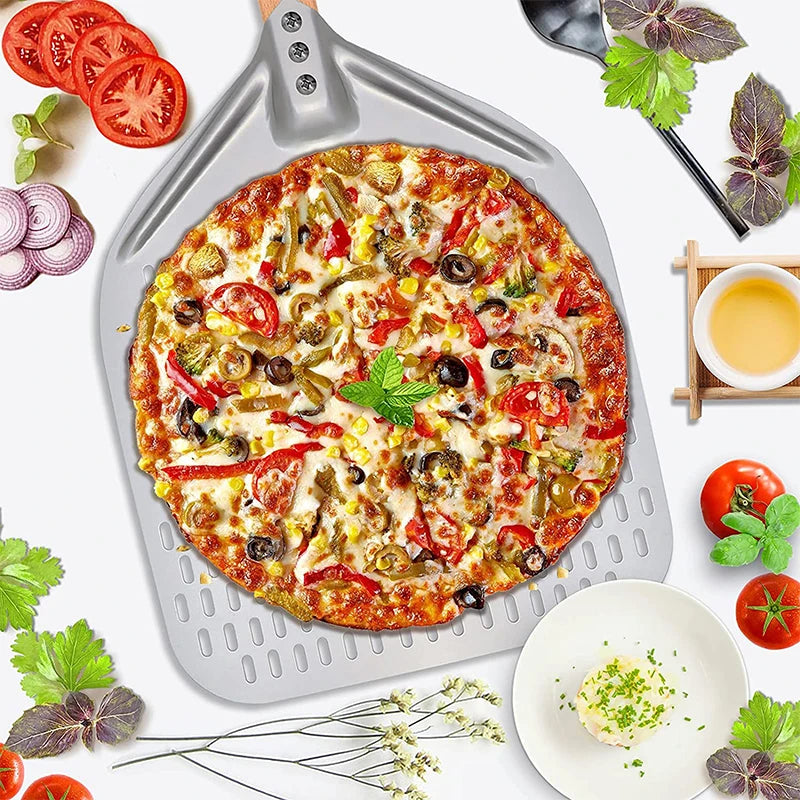 Pala de pizza antiadherente de aluminio con agujeros y mango desmontable
