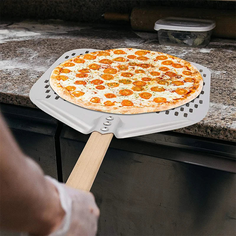 Pala de pizza antiadherente de aluminio con agujeros y mango desmontable