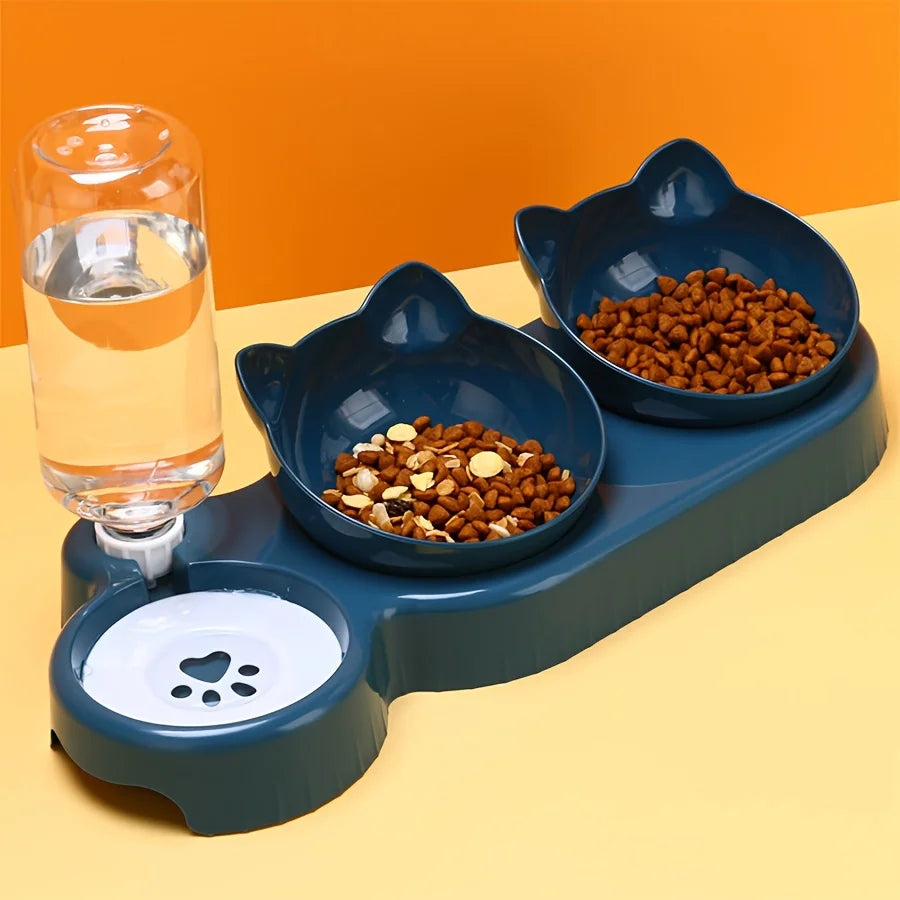 Comedero 3 en 1 para gatos: diseño de orejas inclinadas con dispensador de agua por gravedad para proteger el cuello.