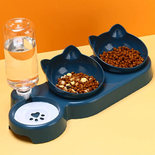 Ensemble de gamelles 3 en 1 pour chat – Design à oreilles inclinées avec distributeur d'eau par gravité pour la protection du cou