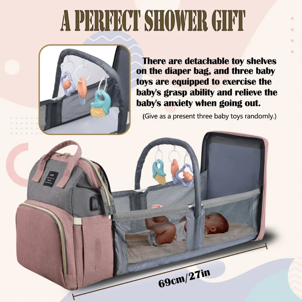 Bolsa de viaje todo en uno para mamá con cuna y almacenamiento de artículos esenciales para bebé