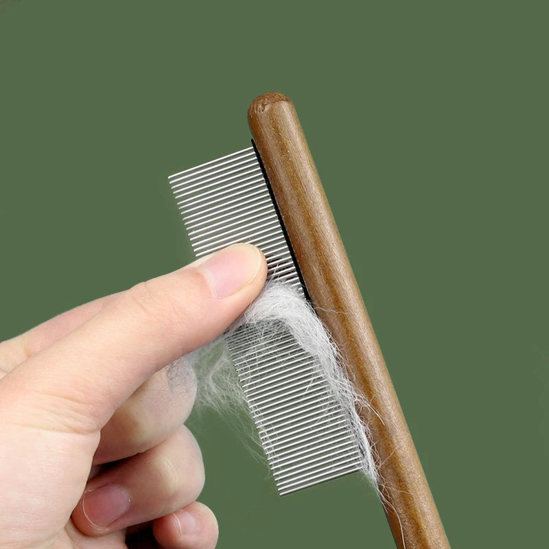 Herramienta de acero inoxidable para el cuidado y la muda de pelo de mascotas - Mango de madera