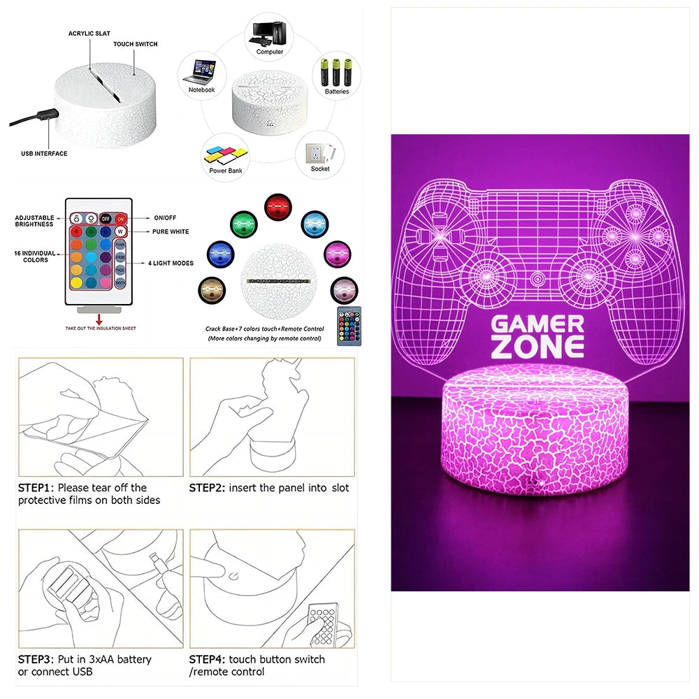 Lámpara LED 3D de neón para gamers: luz nocturna RGB para juegos, dormitorio o decoración de escritorio.