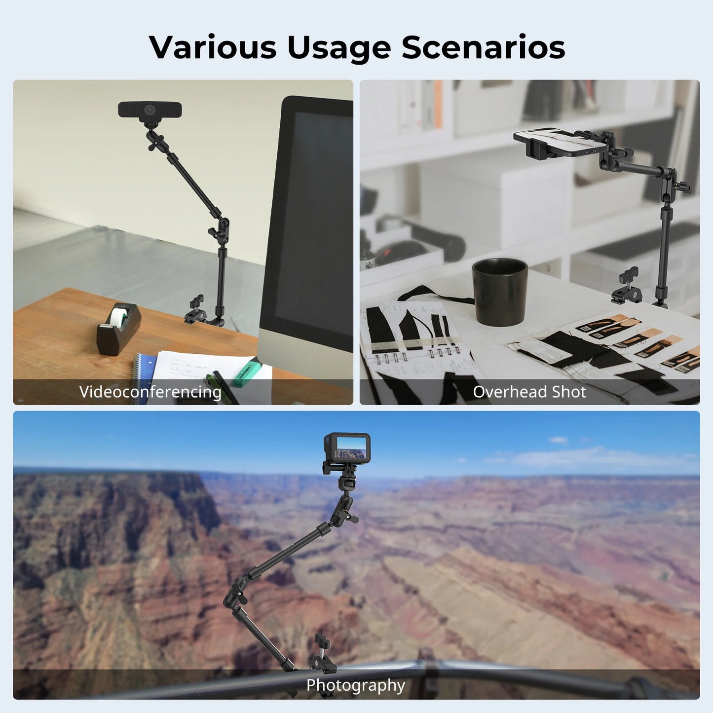 Adjustable Tripod & Boom Mount for Phones, Webcams & Action Cams