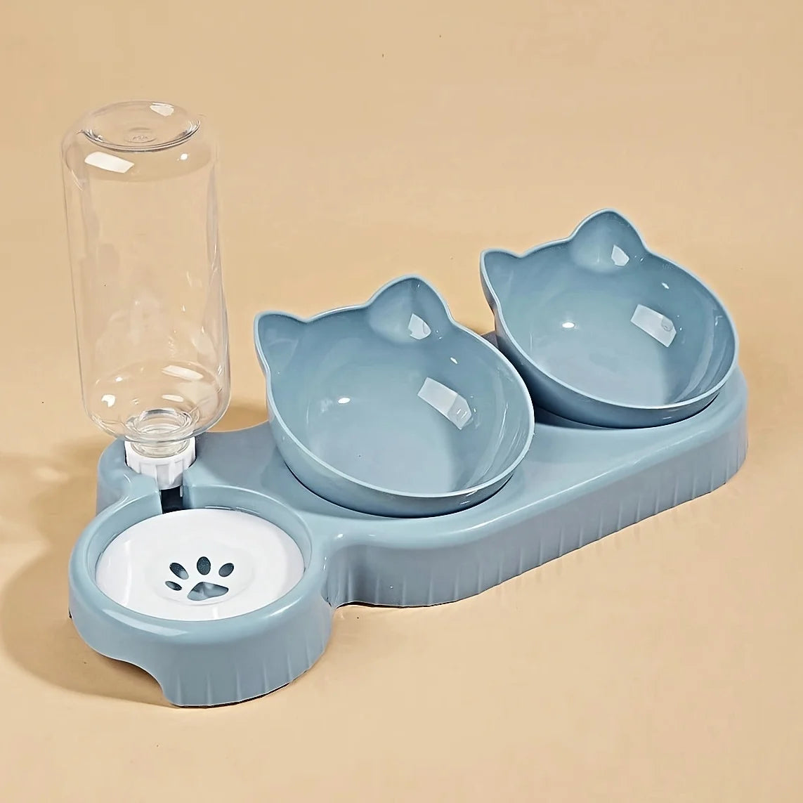 Comedero 3 en 1 para gatos: diseño de orejas inclinadas con dispensador de agua por gravedad para proteger el cuello.