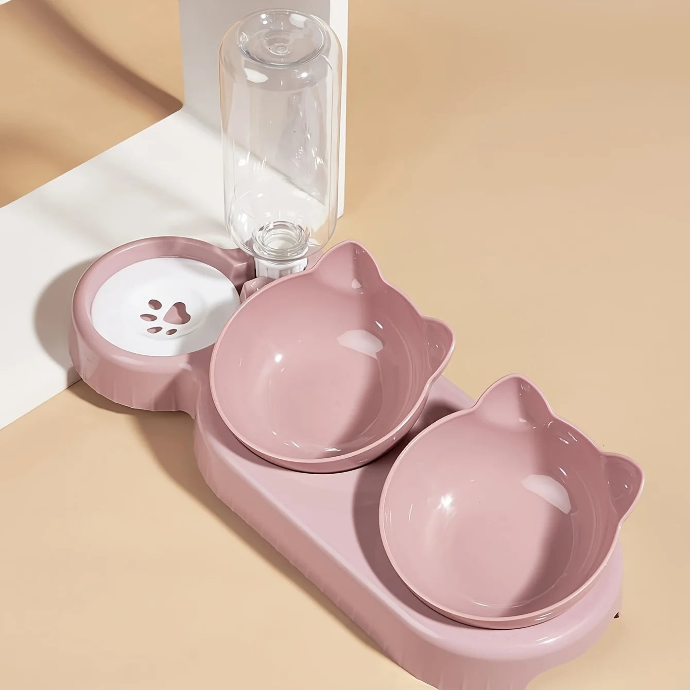 Comedero 3 en 1 para gatos: diseño de orejas inclinadas con dispensador de agua por gravedad para proteger el cuello.