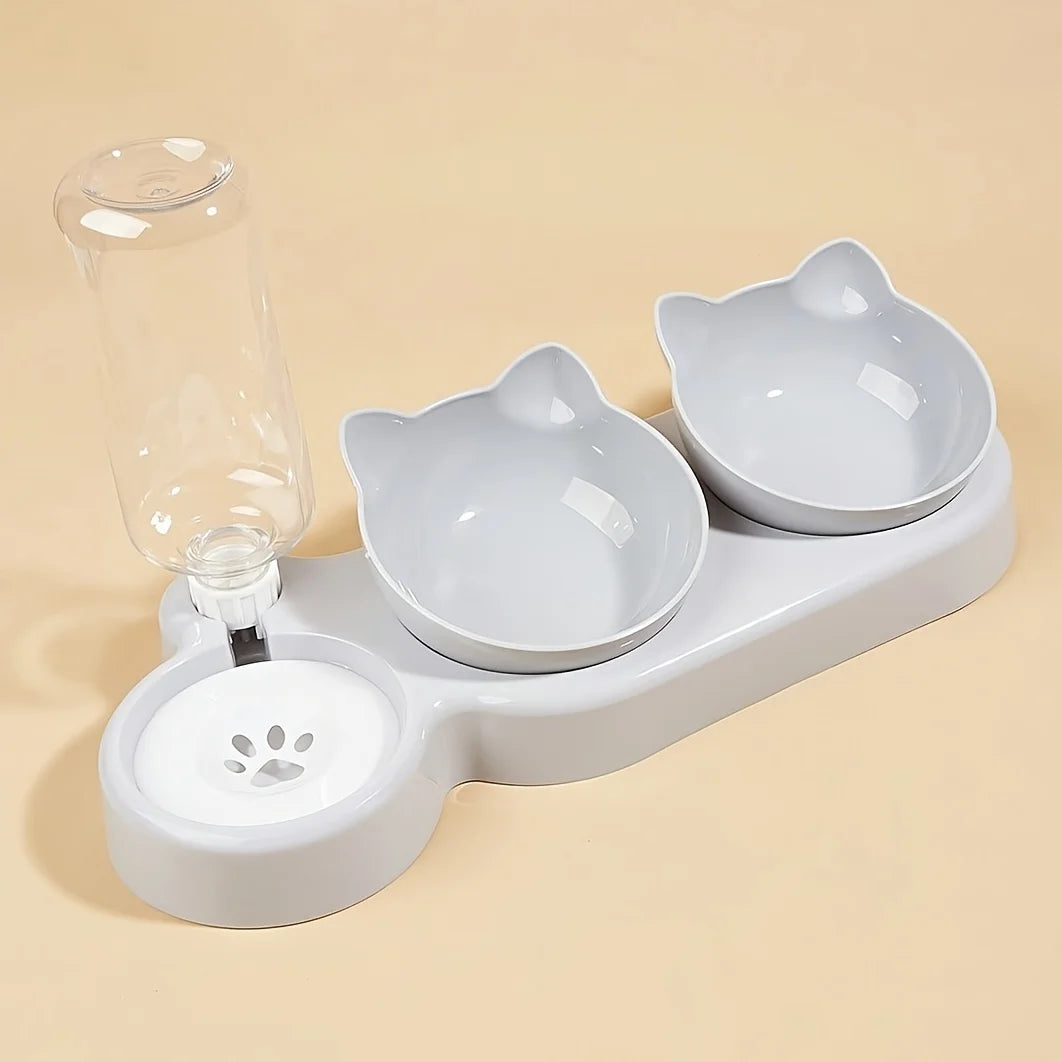 Comedero 3 en 1 para gatos: diseño de orejas inclinadas con dispensador de agua por gravedad para proteger el cuello.
