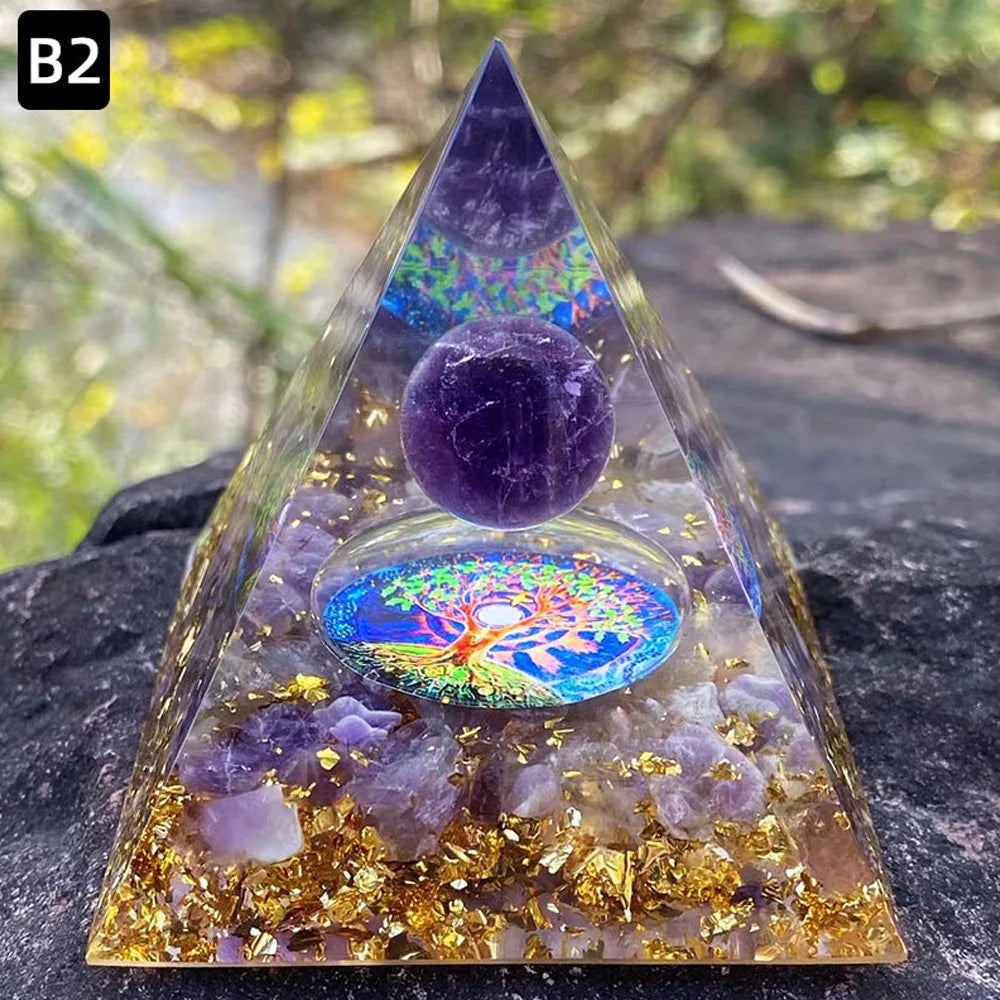 Pirámide de energía de cristal de 6 cm con bola de amatista para meditación y equilibrio