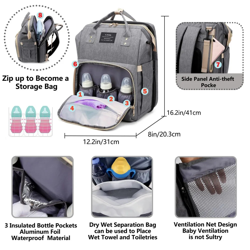 Bolsa de viaje todo en uno para mamá con cuna y almacenamiento de artículos esenciales para bebé