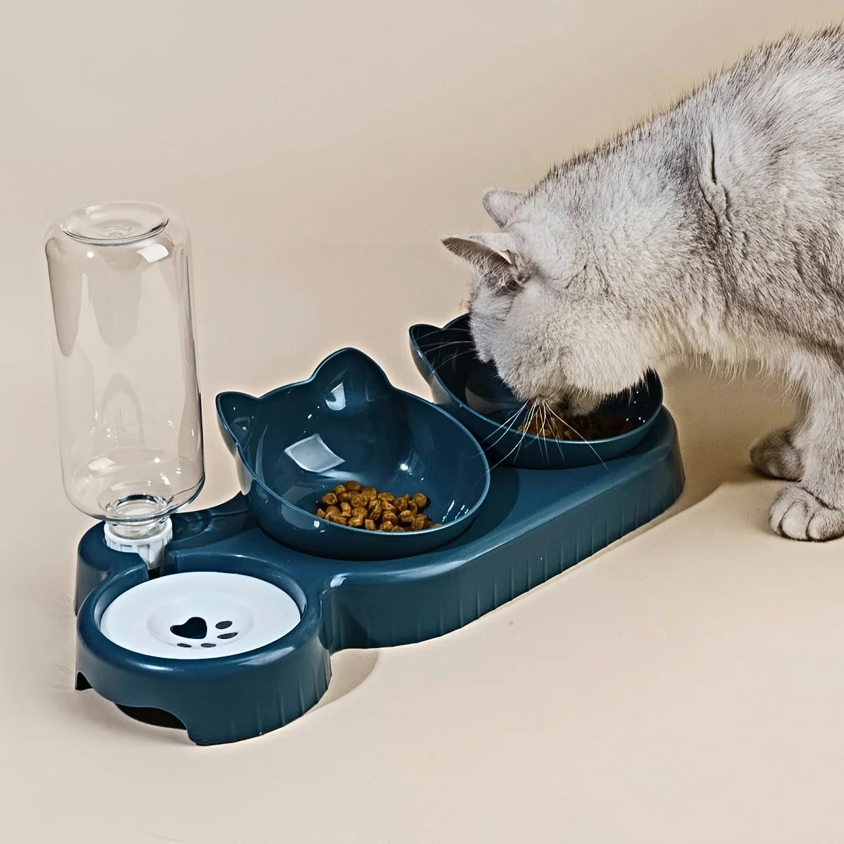 Comedero 3 en 1 para gatos: diseño de orejas inclinadas con dispensador de agua por gravedad para proteger el cuello.