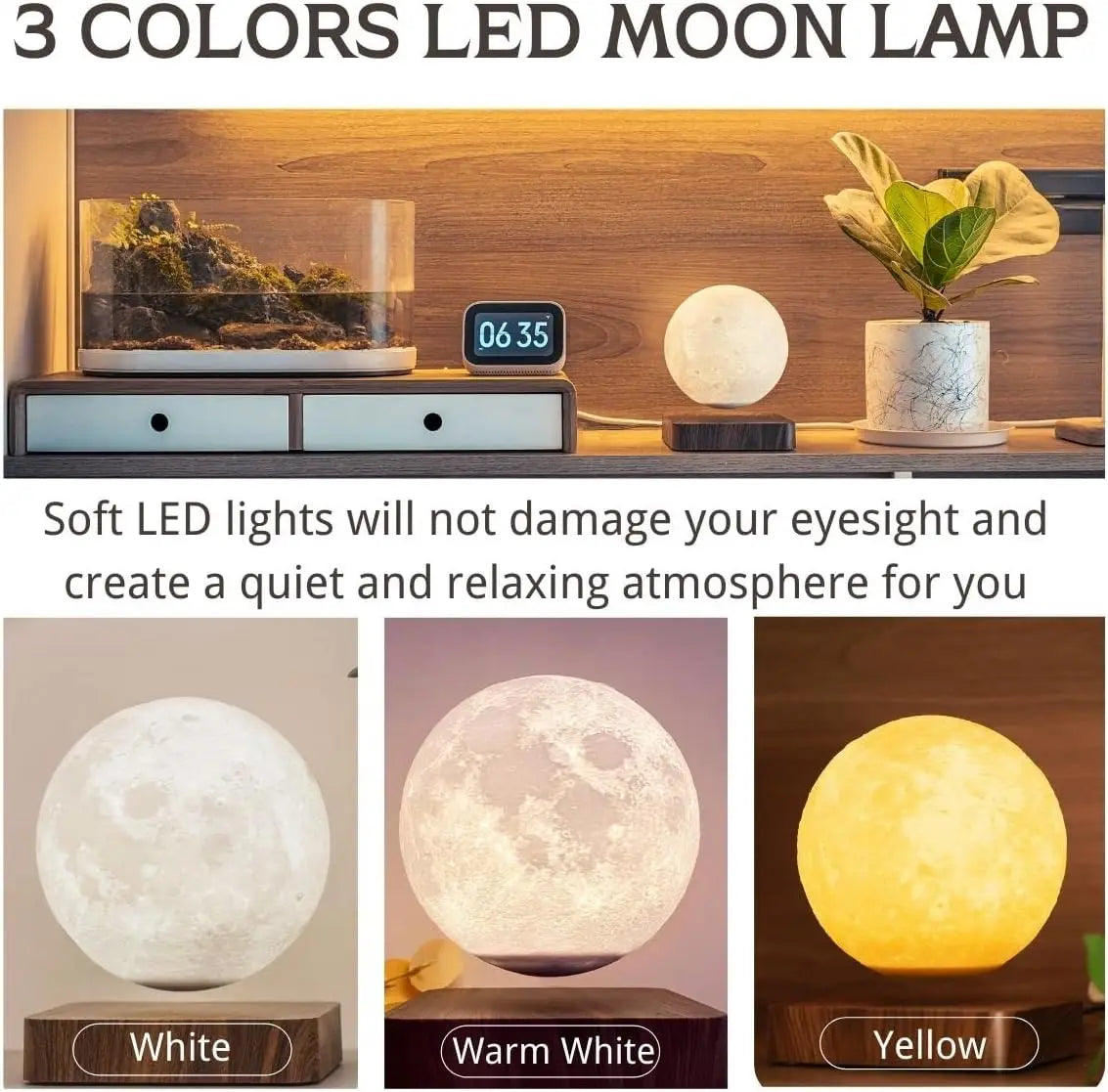 Lámpara de luna flotante magnética: luz nocturna LED de 3 colores para el hogar y la oficina