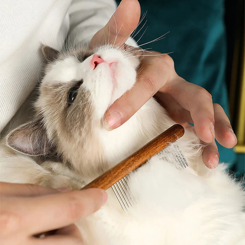 Herramienta de acero inoxidable para el cuidado y la muda de pelo de mascotas - Mango de madera