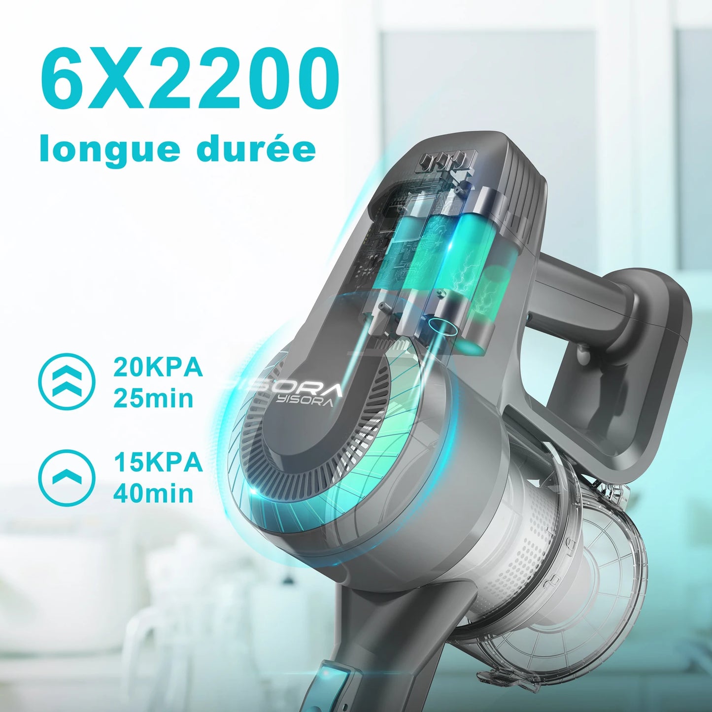 Aspiradora de varilla inalámbrica: potencia de 20 kPa, ultraligera para alfombras, pisos, coche y pelos de mascotas.