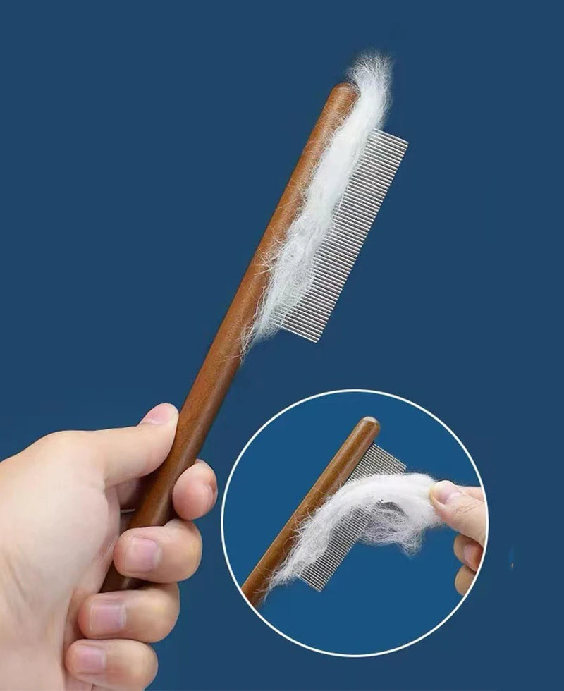 Herramienta de acero inoxidable para el cuidado y la muda de pelo de mascotas - Mango de madera