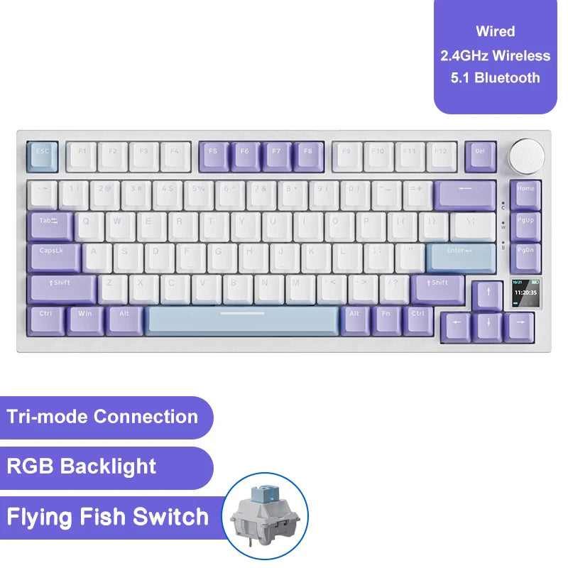 Teclado mecánico para juegos: inalámbrico/Bluetooth 5.1/USB-C, intercambiable en caliente, control de perilla, montaje con junta