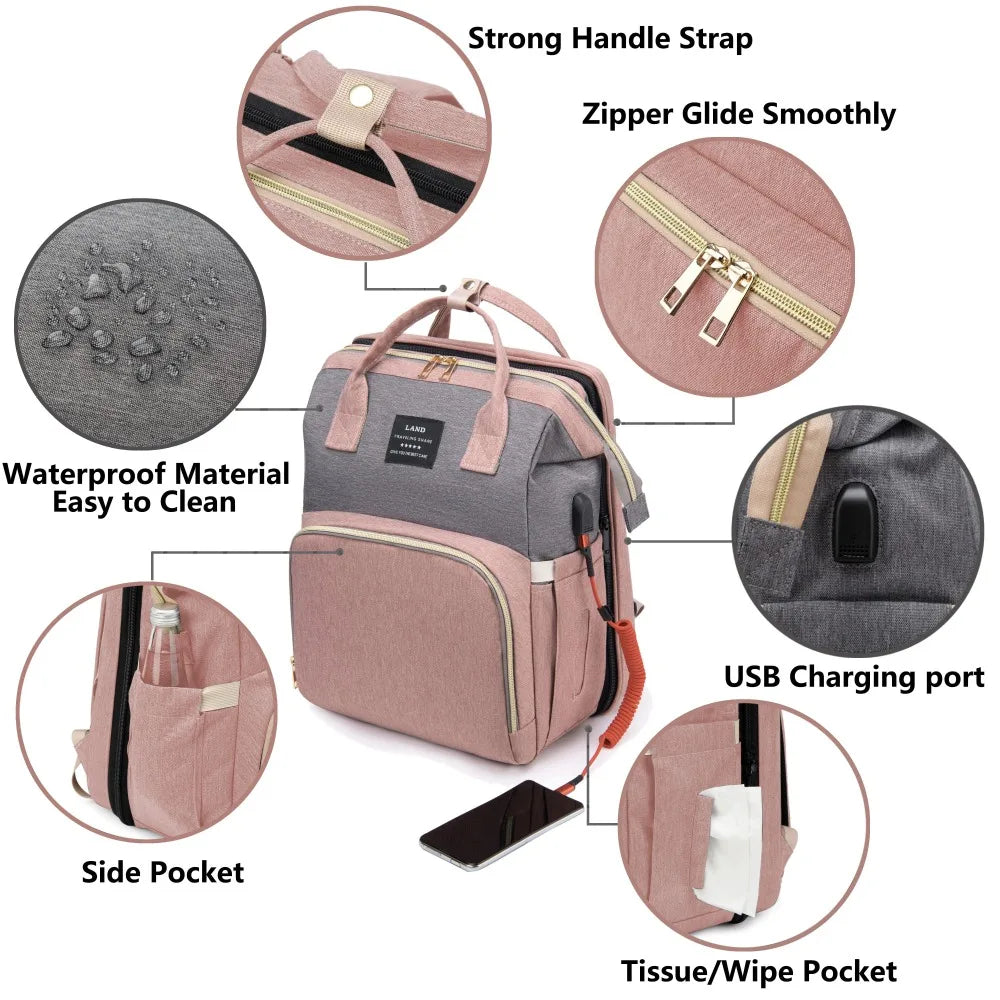 Bolsa de viaje todo en uno para mamá con cuna y almacenamiento de artículos esenciales para bebé