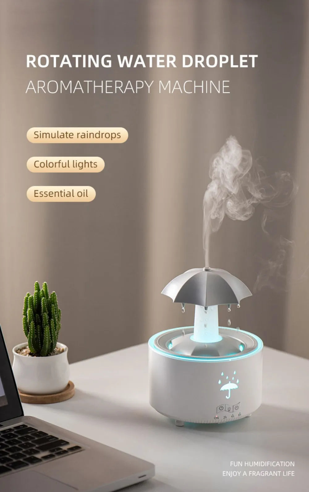 Raindrop Aroma Diffuser & Air Humidifier - Relax with Colourful Mist & Light