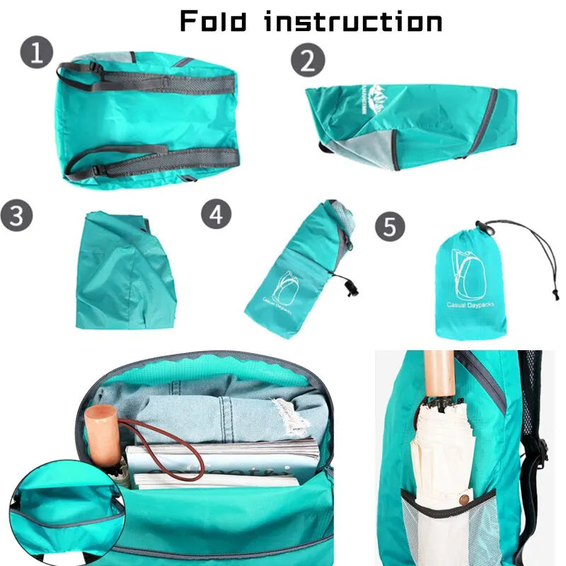 Mochila de viaje plegable ultraligera: impermeable y de gran capacidad para deportes al aire libre.