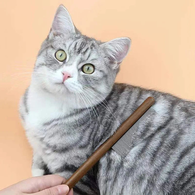 Herramienta de acero inoxidable para el cuidado y la muda de pelo de mascotas - Mango de madera