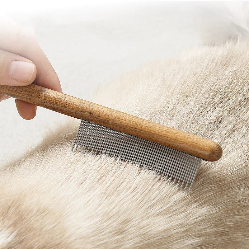 Herramienta de acero inoxidable para el cuidado y la muda de pelo de mascotas - Mango de madera