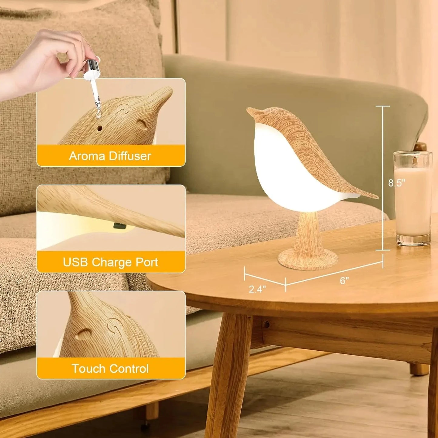 Luz nocturna LED portátil con forma de pájaro, control táctil y temperatura ajustable