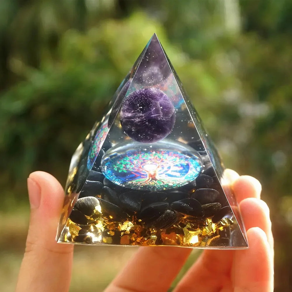Pirámide de energía de cristal de 6 cm con bola de amatista para meditación y equilibrio