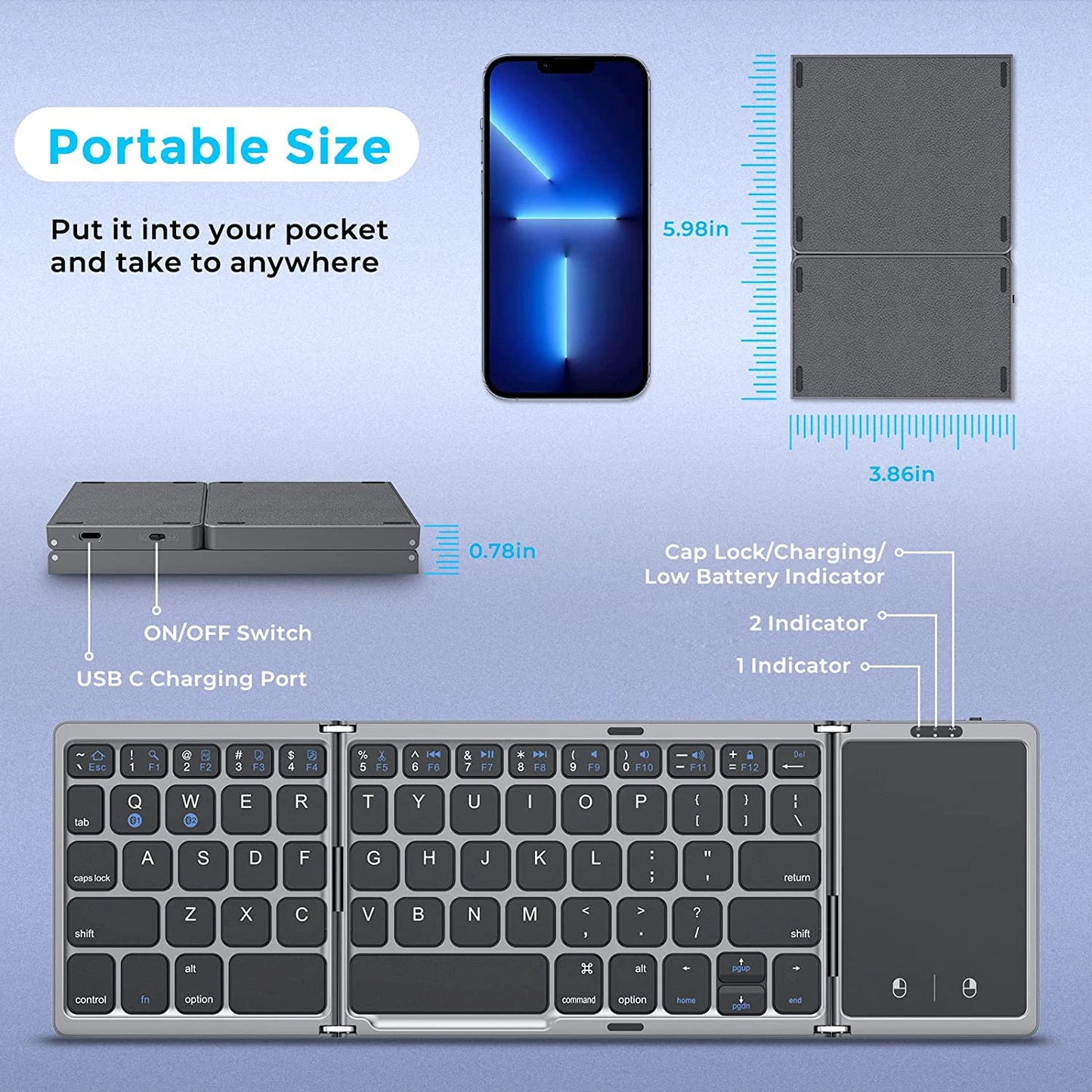 Teclado Bluetooth plegable Seenda: inalámbrico, recargable y portátil para PC, Mac, iOS, Android y Windows.