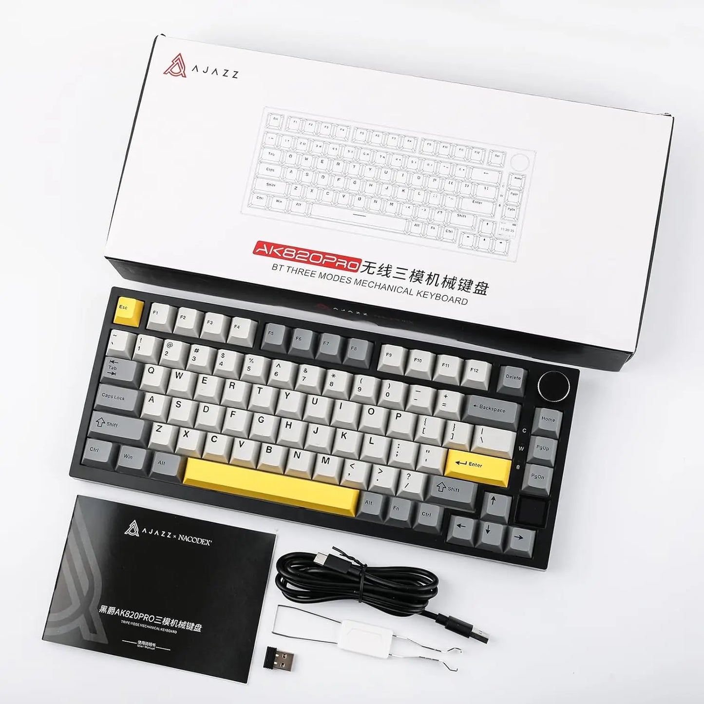 Teclado mecánico para juegos: inalámbrico/Bluetooth 5.1/USB-C, intercambiable en caliente, control de perilla, montaje con junta