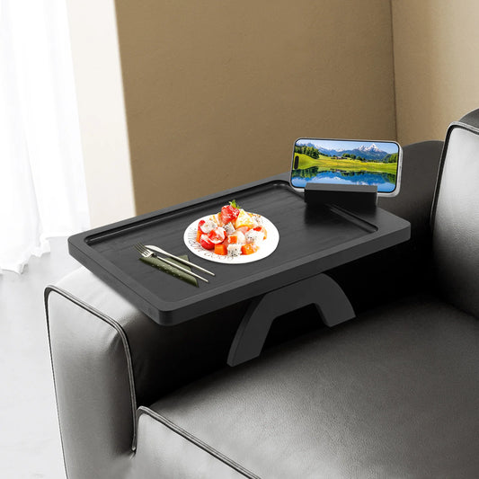 Bamboo Sofa Arm Tray – Clip-On Couch Table with Phone Holder in Black or Natural Wood