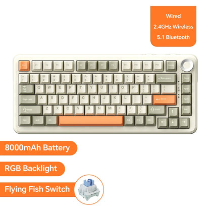 Teclado mecánico para juegos: inalámbrico/Bluetooth 5.1/USB-C, intercambiable en caliente, control de perilla, montaje con junta
