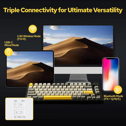 Teclado mecánico para juegos: inalámbrico/Bluetooth 5.1/USB-C, intercambiable en caliente, control de perilla, montaje con junta