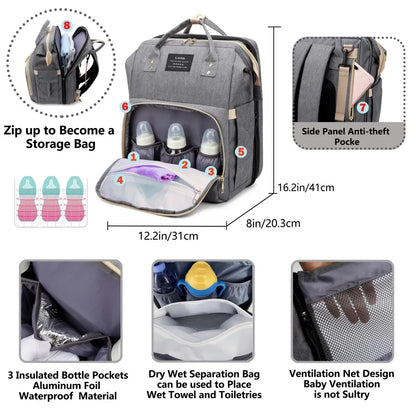 Bolsa de viaje todo en uno para mamá con cuna y almacenamiento de artículos esenciales para bebé