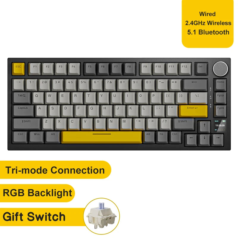 Teclado mecánico para juegos: inalámbrico/Bluetooth 5.1/USB-C, intercambiable en caliente, control de perilla, montaje con junta