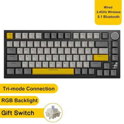 Teclado mecánico para juegos: inalámbrico/Bluetooth 5.1/USB-C, intercambiable en caliente, control de perilla, montaje con junta