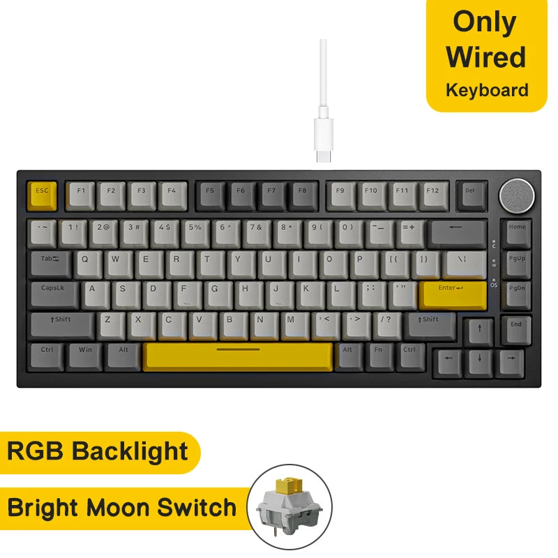 Teclado mecánico para juegos: inalámbrico/Bluetooth 5.1/USB-C, intercambiable en caliente, control de perilla, montaje con junta