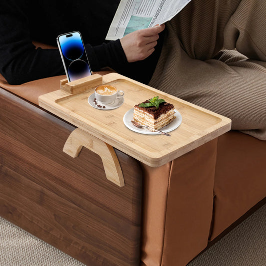 Bamboo Sofa Arm Tray – Clip-On Couch Table with Phone Holder in Black or Natural Wood
