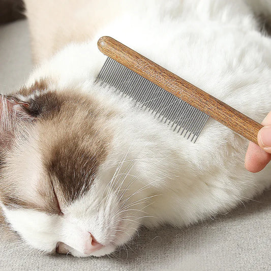 Herramienta de acero inoxidable para el cuidado y la muda de pelo de mascotas - Mango de madera