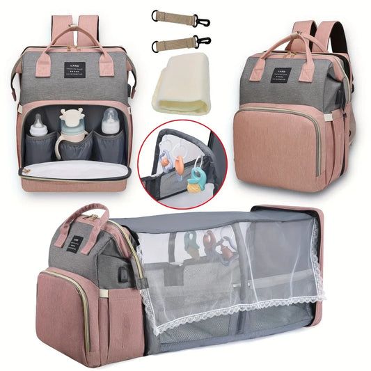 Bolsa de viaje todo en uno para mamá con cuna y almacenamiento de artículos esenciales para bebé