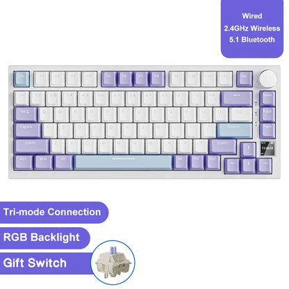 Teclado mecánico para juegos: inalámbrico/Bluetooth 5.1/USB-C, intercambiable en caliente, control de perilla, montaje con junta
