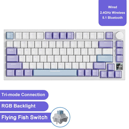 Teclado mecánico para juegos: inalámbrico/Bluetooth 5.1/USB-C, intercambiable en caliente, control de perilla, montaje con junta